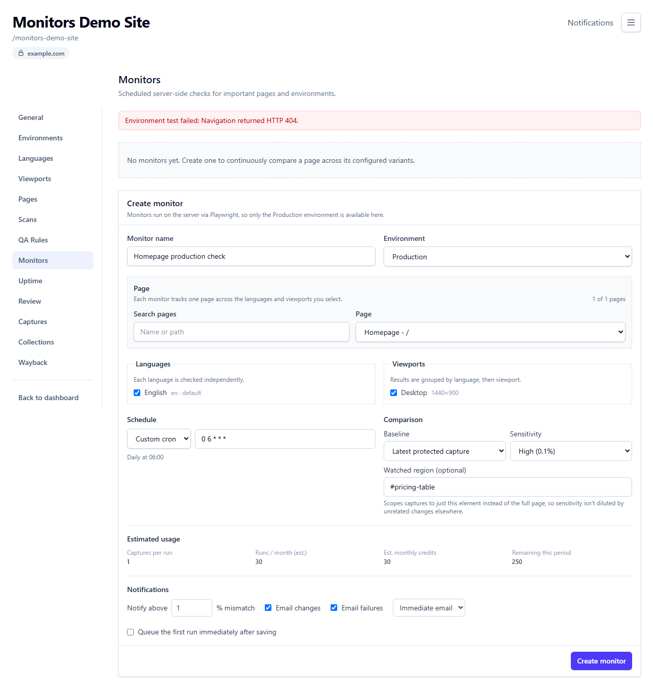Full create-monitor form including schedule, baseline, sensitivity, and estimated usage